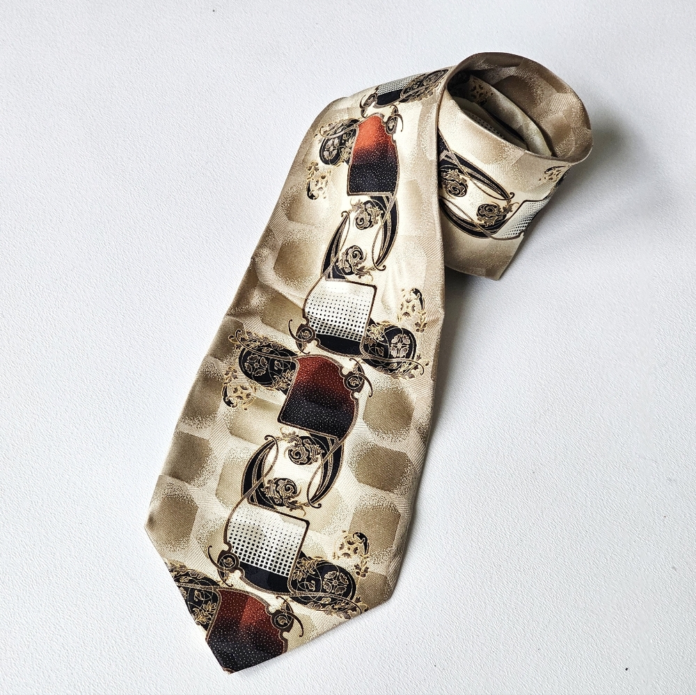 Vintage Ottimo Uomo 100% Silk Tie Gold Baroque Geometric Handmade